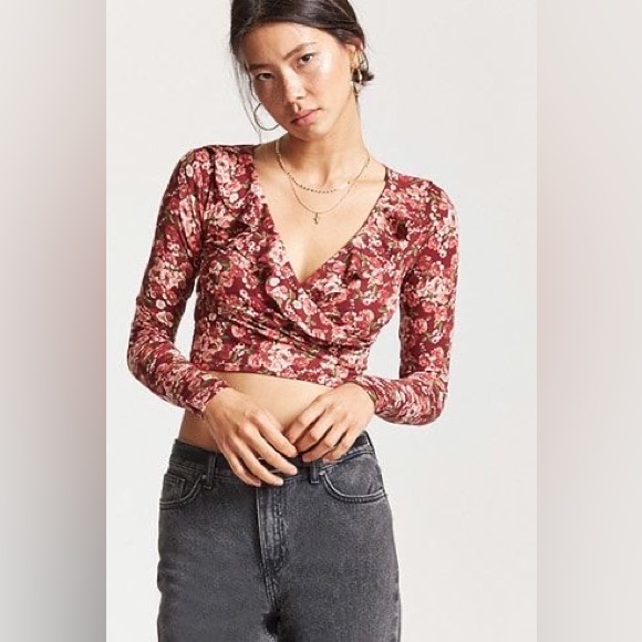 Red Floral Cropped Long Sleeve V-Neck Top